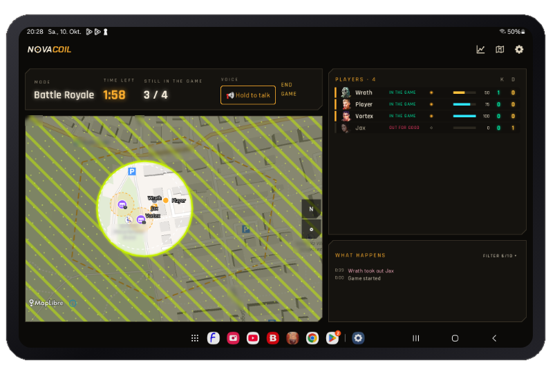 Battle-Royale-Karte auf einem Tablet mit schrumpfender sicherer Zone