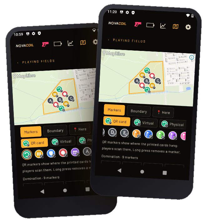 Spielfeldeditor auf zwei Smartphones mit Team-Basen und Loot auf einer Karte