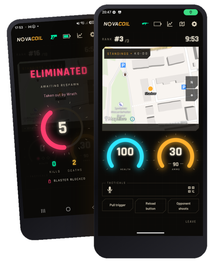Zwei Smartphones zeigen den Eliminierungsbildschirm und das NovaCoil-Spielerdisplay