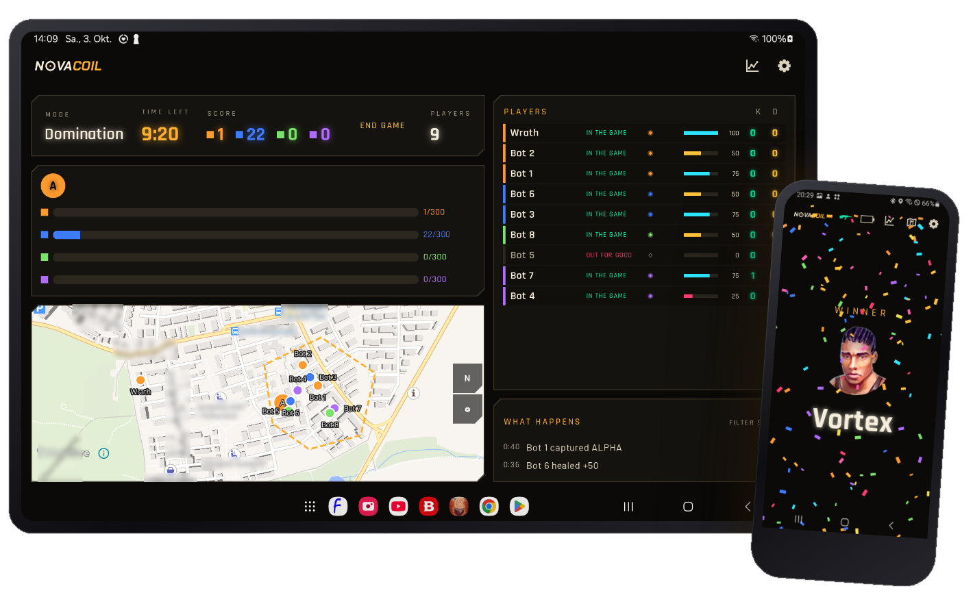 Spielmaster-Dashboard auf einem Tablet mit Karte, Spielerliste und Punkten; Smartphone mit Sieger Vortex