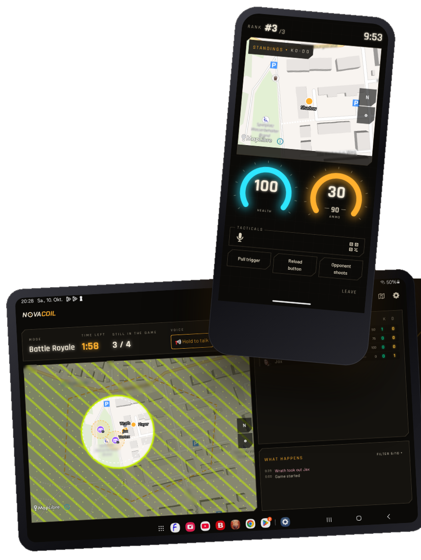 NovaCoil auf Smartphone und Tablet: Live-Karte, Lebensenergie, Munition und Battle-Royale-Spielfeld